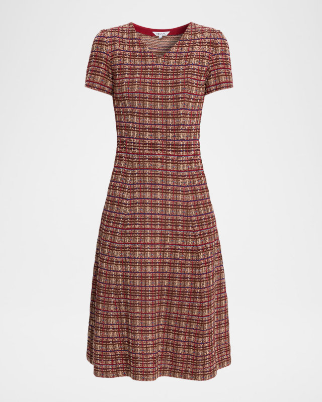 A-Line Plaid Multi-Stitch Knit Midi Dress